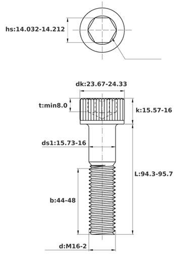 Bản vẽ kỹ thuật Lục Giác Chìm Đầu Trụ Thép Đen 12.9 DIN912 M16x95 Ren Lửng