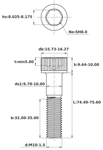 Bản vẽ kỹ thuật Lục Giác Chìm Đầu Trụ Thép Đen 12.9 DIN912 M10x75 Ren Lửng