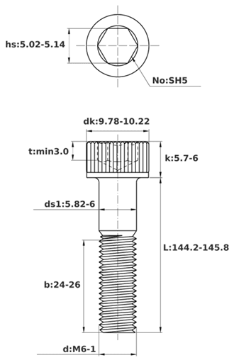 Bản vẽ kỹ thuật Lục Giác Chìm Đầu Trụ Thép Đen 12.9 DIN912 M6x145 Ren Lửng