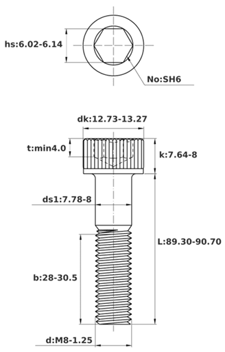 Bản vẽ kỹ thuật Lục Giác Chìm Đầu Trụ Thép Đen 12.9 DIN912 M8x90 Ren Lửng (25Cái/Bịch)