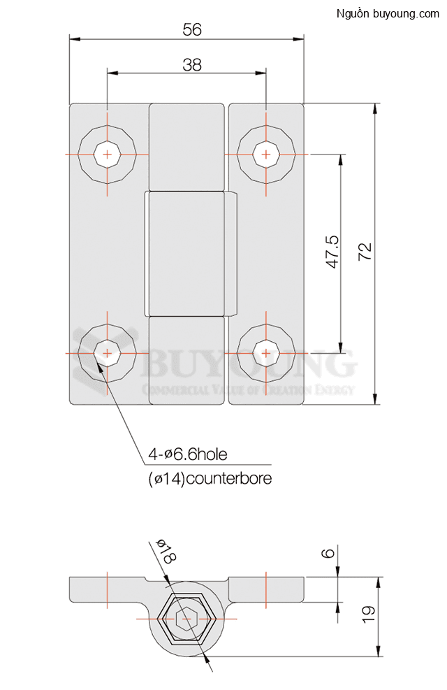 Bản vẽ kỹ thuật Bản lề nhựa nhựa P.C màu đen Buyoung 19x72 BYHL127