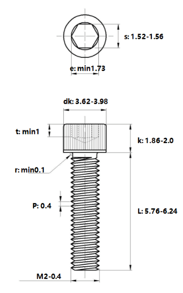 Bản vẽ kỹ thuật Lục Giác Chìm Đầu Trụ Inox 316 DIN912 M2x6 (50Cái/Bịch)