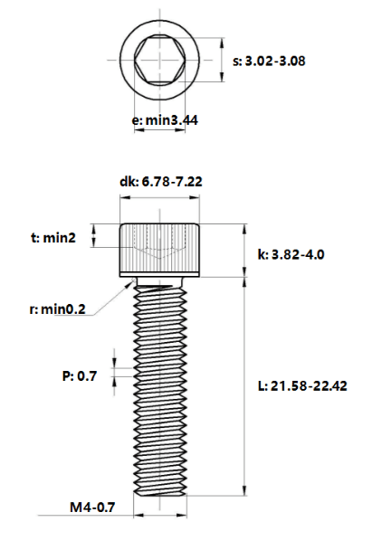 Bản vẽ kỹ thuật Lục Giác Chìm Đầu Trụ Thép Đen 12.9 DIN912 M4x22