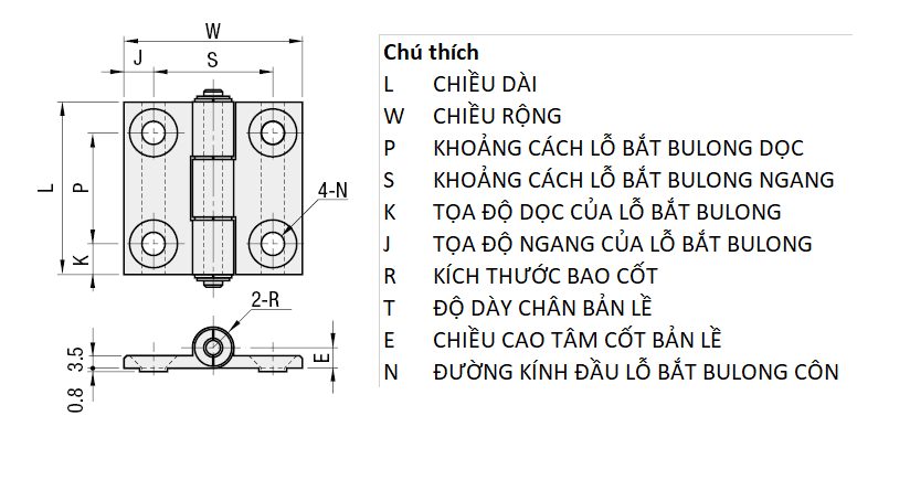 Bản vẽ kỹ thuật Bản Lề Lá Nhôm Định Hình Nhôm Hợp Kim Mạ Anodized Trắng (HHPSDT6) L 47 mm