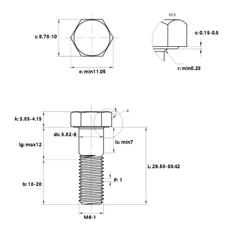 Bản vẽ kỹ thuật Bulong Thép Đen 8.8 DIN931 M6x30 Ren Lửng