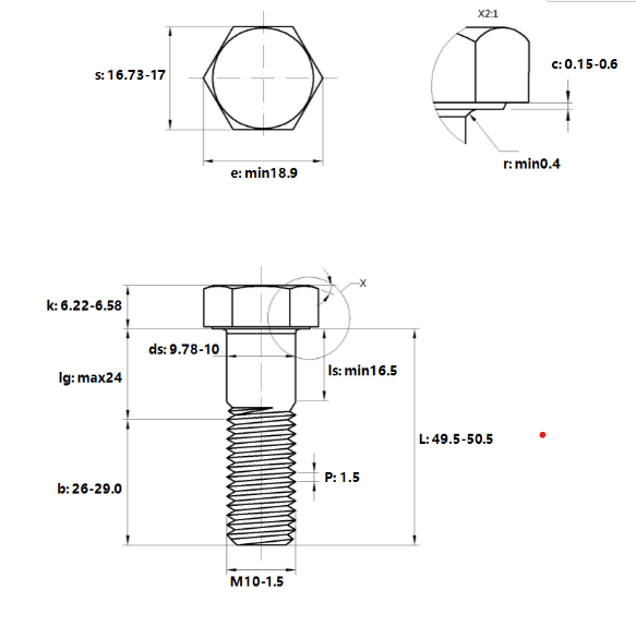 Bản vẽ kỹ thuật Bulong Mạ Kẽm Trắng Cr3+ 10.9 DIN931 M10x50 Ren Lửng