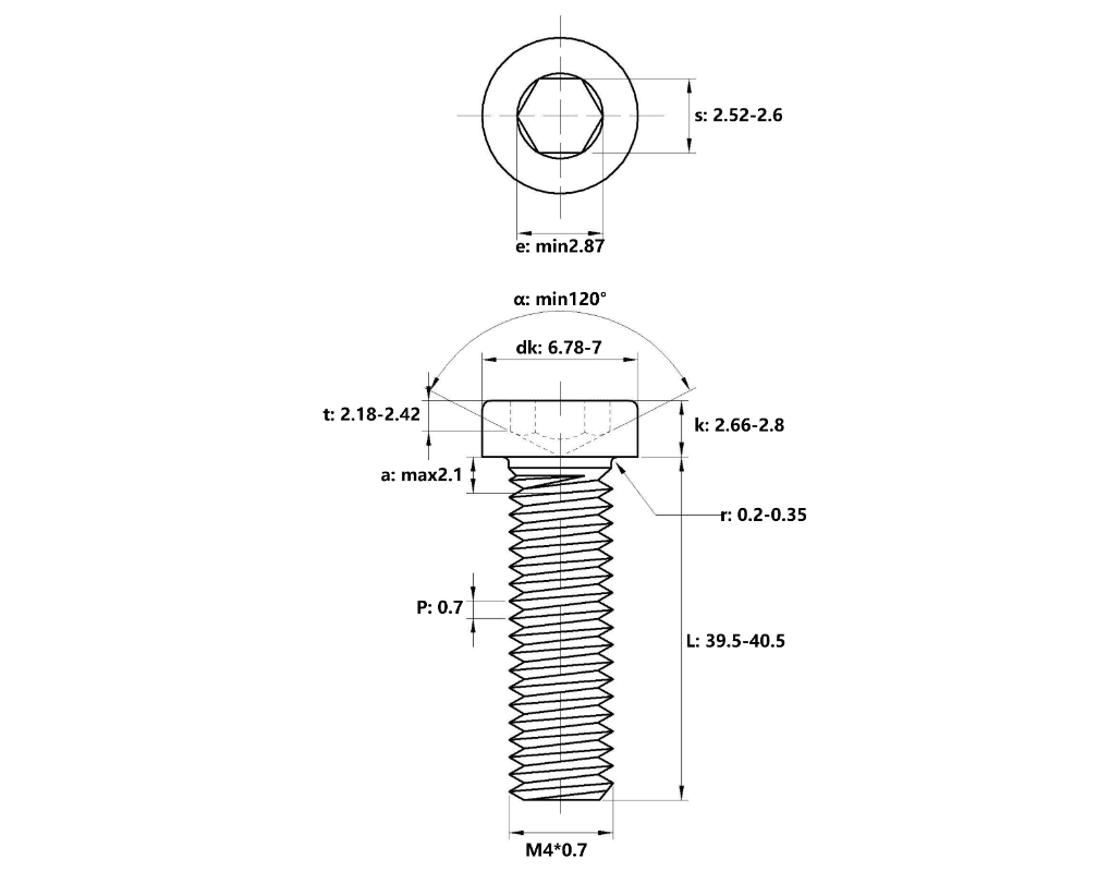 Bản vẽ kỹ thuật Lục Giác Trụ Đầu Thấp Inox 304 DIN7984 M4x40