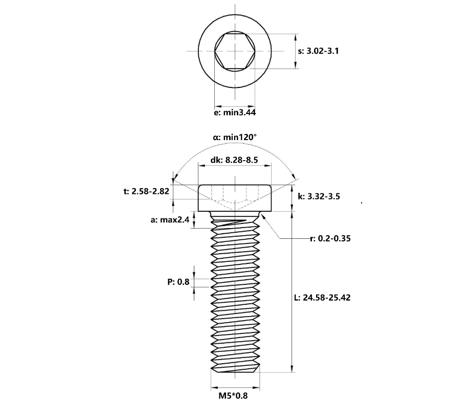 Bản vẽ kỹ thuật Lục Giác Trụ Đầu Thấp Inox 304 DIN7984 M5x25