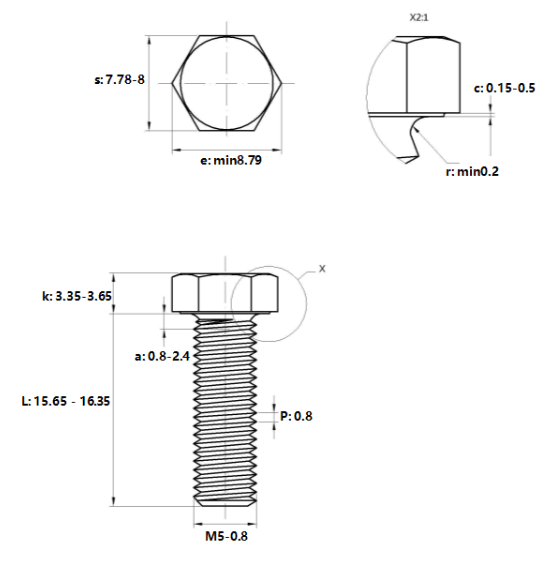 Bản vẽ kỹ thuật Bulong Thép Đen 8.8 DIN933 M5x16
