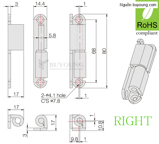 Bản vẽ kỹ thuật Bản lề cửa tháo rời bên trái inox 304 Buyoung 17x80 BYHS66-1-LH80S-L