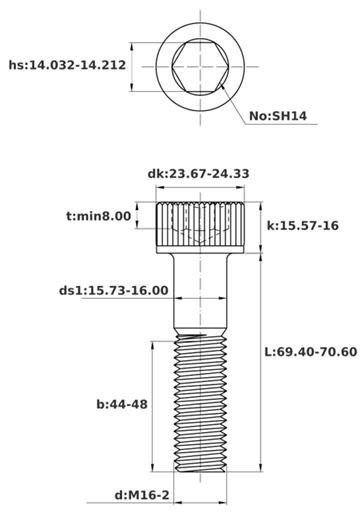 Bản vẽ kỹ thuật Lục Giác Chìm Đầu Trụ Thép Đen 12.9 DIN912 M16x70 Ren Lửng
