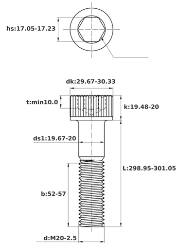 Bản vẽ kỹ thuật Lục Giác Chìm Đầu Trụ Thép Đen 12.9 DIN912 M20x300 Ren Lửng