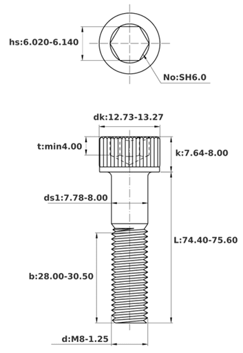 Bản vẽ kỹ thuật Lục Giác Chìm Đầu Trụ Thép Đen 12.9 DIN912 M8x75 Ren Lửng