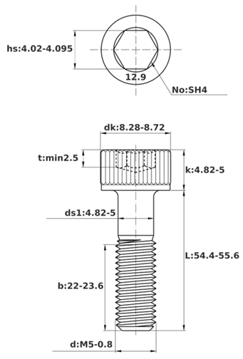 Bản vẽ kỹ thuật Lục Giác Chìm Đầu Trụ Thép Đen 12.9 DIN912 M5x55 Ren Lửng