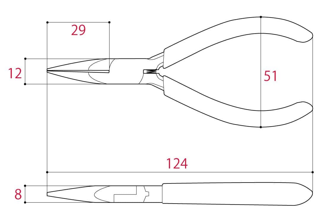 Bản vẽ kỹ thuật Kìm Mỏ Nhọn Không Lưỡi Cắt, Hàm Phẳng 132mm Tsunoda MR-120F