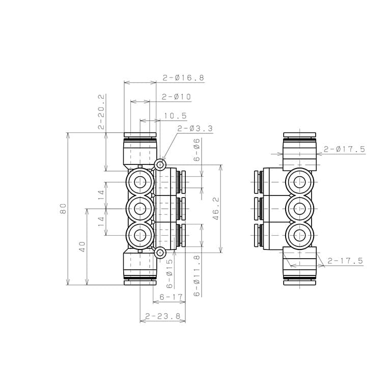 Bản vẽ kỹ thuật Đầu Nối Nhanh Khí Nén Chữ T 8 Ngã Dạng Nối Giảm Pisco PKVG10-6
