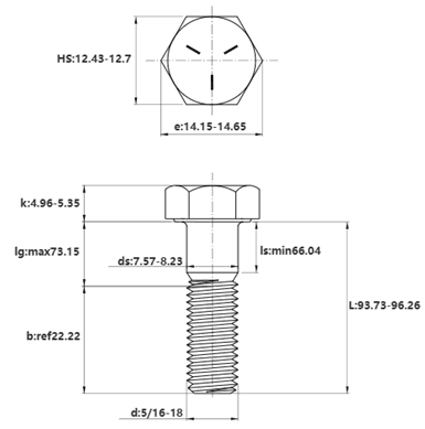 Bản vẽ kỹ thuật Bulong Thép Đen GR 5 UNC 5/16-18 x 3.3/4 Ren Lửng