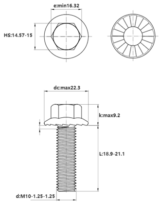 Bản vẽ kỹ thuật Bulong Đầu Bông Thép Mộc 10.9 GB5789 M10x1.25x20 Ren Nhuyễn (Có Khía)