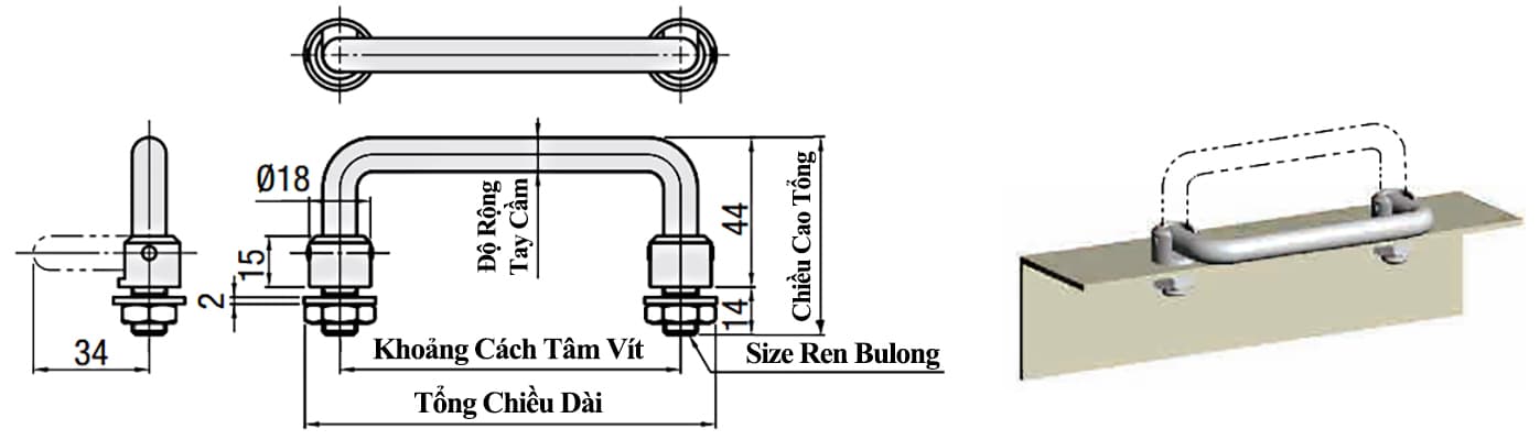 Bản vẽ kỹ thuật Tay Nắm Cửa Chữ U Dạng Gập Thép Mạ Chrome Phi 10 mm x L 180 mm (UWAFN180)