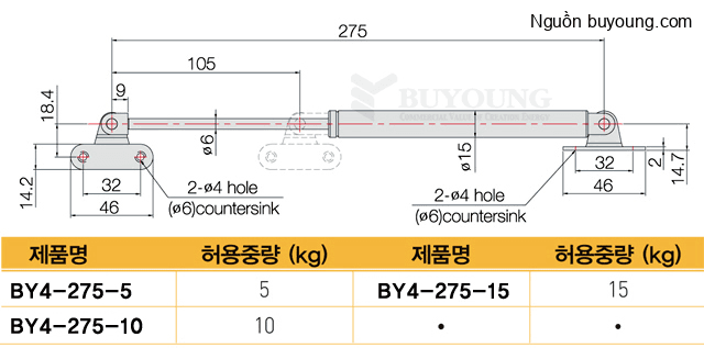 Bản vẽ kỹ thuật Ty hơi thép Buyoung 275-5KG BY4-275-5KG
