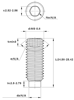 Bản vẽ kỹ thuật Vít Trí Đuôi Trụ Thép Đen 10.9 DIN915 M5x25