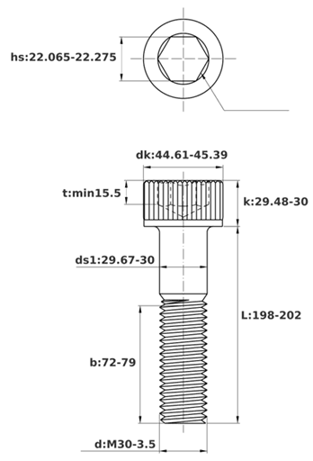Bản vẽ kỹ thuật Lục Giác Chìm Đầu Trụ Thép Đen 12.9 DIN912 M30x200 Ren Lửng