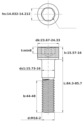 Bản vẽ kỹ thuật Lục Giác Chìm Đầu Trụ Thép Đen 12.9 DIN912 M16x85 Ren Lửng