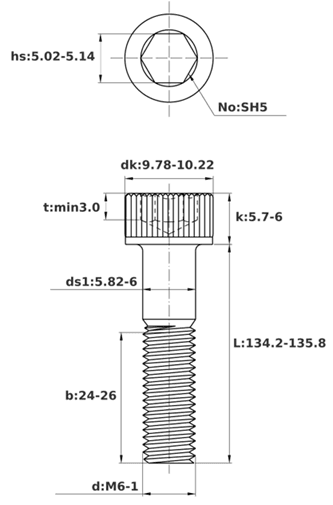 Bản vẽ kỹ thuật Lục Giác Chìm Đầu Trụ Thép Đen 12.9 DIN912 M6x135 Ren Lửng