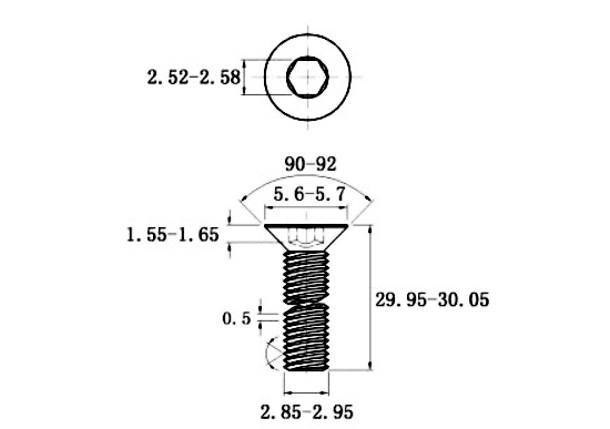Bản vẽ kỹ thuật Lục Giác Chìm Col Thép Đen 10.9 DIN7991 M3x30 (50Cái/Bịch)