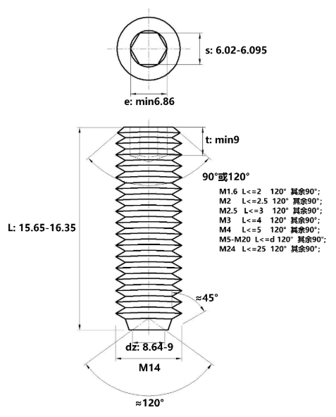 Bản vẽ kỹ thuật Vít Trí Đuôi Lõm Thép Đen 10.9 DIN916 M14x16