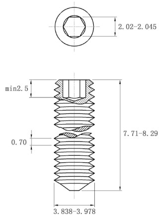 Bản vẽ kỹ thuật Vít Trí Đuôi Nhọn Inox 304 DIN914 M4x8