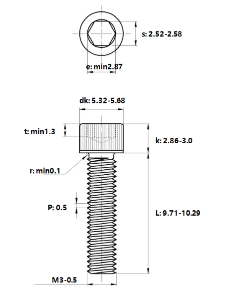 Bản vẽ kỹ thuật Lục Giác Chìm Đầu Trụ Thép Đen 12.9 DIN912 M3x10 (50Cái/Bịch)