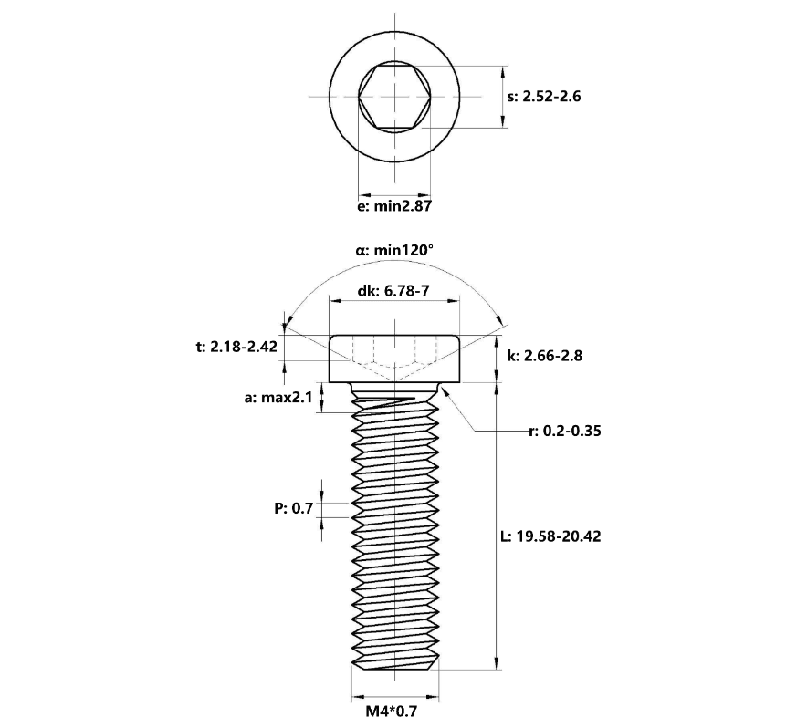 Bản vẽ kỹ thuật Lục Giác Trụ Đầu Thấp Inox 304 DIN7984 M4x20