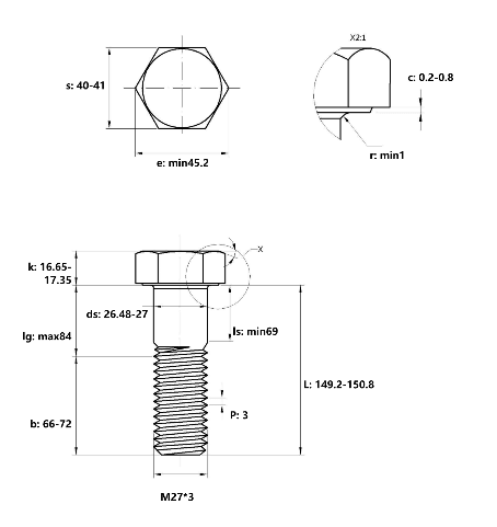 Bản vẽ kỹ thuật Bulong Thép Đen 8.8 DIN931 M27x150 Ren Lửng