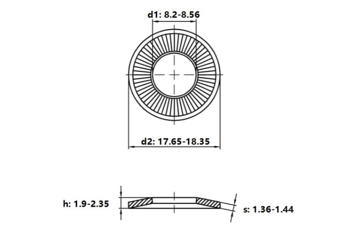 Bản vẽ kỹ thuật Lông Đền Tiếp Xúc Thép Mạ Kẽm NFE25-511 M8