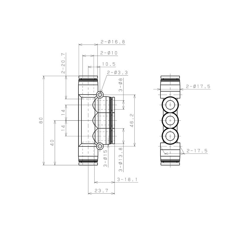 Bản vẽ kỹ thuật Đầu Nối Nhanh Khí Nén Chữ T 5 Ngã Dạng Nối Giảm Pisco PKG10-8