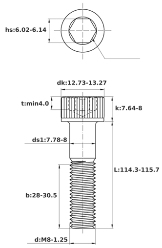 Bản vẽ kỹ thuật Lục Giác Chìm Đầu Trụ Thép Đen 12.9 DIN912 M8x115 Ren Lửng