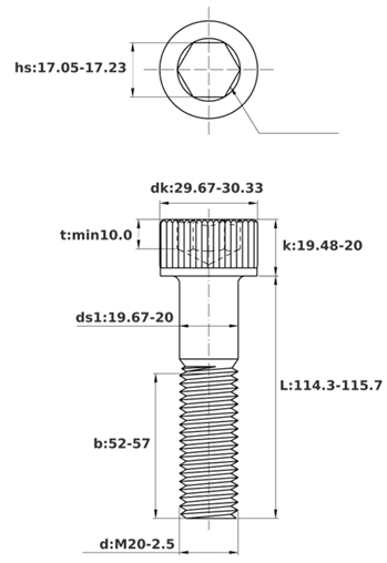 Bản vẽ kỹ thuật Lục Giác Chìm Đầu Trụ Thép Đen 12.9 DIN912 M20x115 Ren Lửng