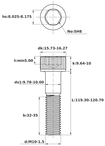 Bản vẽ kỹ thuật Lục Giác Chìm Đầu Trụ Thép Đen 12.9 DIN912 M10x120 Ren Lửng