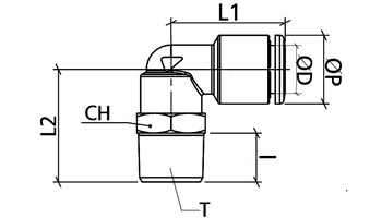 Bản vẽ kỹ thuật Đầu Nối Nhanh Khí Nén Đồng Cong Ø4mm - Ren Ngoài 1/8" CDC BPL 04R01