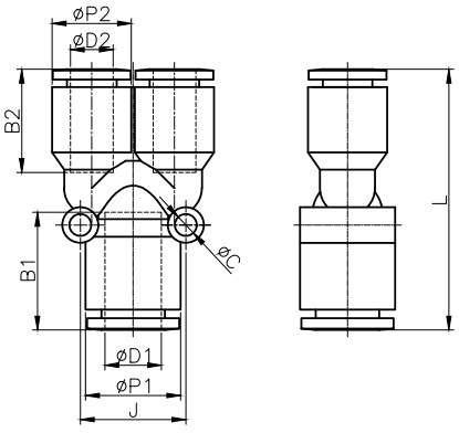 Bản vẽ kỹ thuật Đầu Nối Nhanh Khí Nén Chữ Y Ø12x10mm CDC MPW 1210 (Màu Đen)