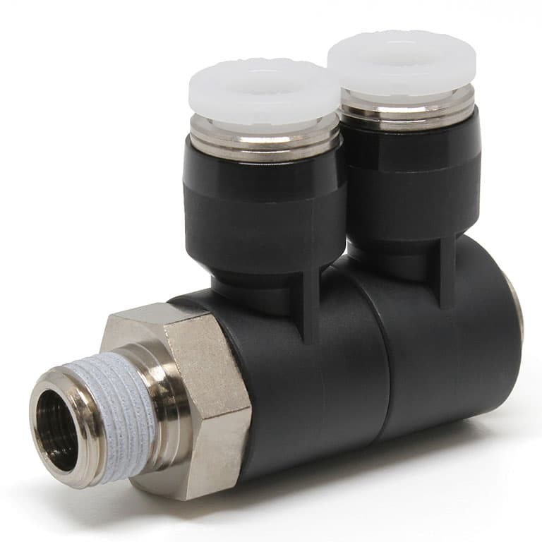 Đầu Nối Nhanh Khí Nén Hai Nhánh Cong 90° Thân Lục Giác Trụ Ren Ngoài Pisco PHW1/4-N1U