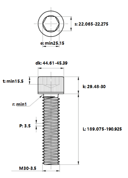Bản vẽ kỹ thuật Lục Giác Chìm Đầu Trụ Thép Đen 12.9 DIN912 M30x190