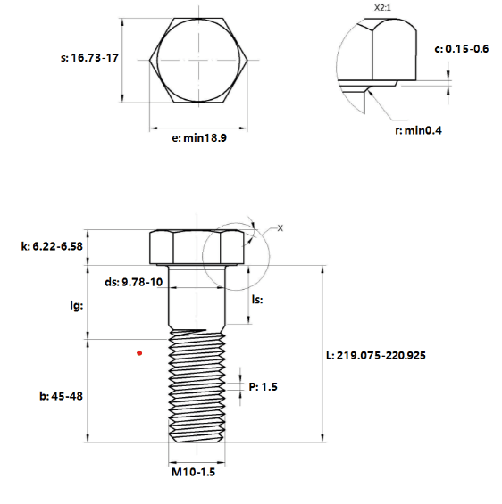 Bản vẽ kỹ thuật Bulong Thép Đen 8.8 DIN931 M10x220 Ren Lửng