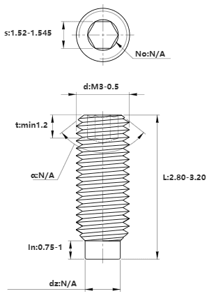 Bản vẽ kỹ thuật Vít Trí Đuôi Trụ Thép Đen 10.9 DIN915 M3x3