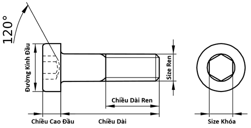 Bản vẽ kỹ thuật Lục Giác Trụ Đầu Thấp Thép Đen 12.9 DIN7984 M10x50 Ren Lửng