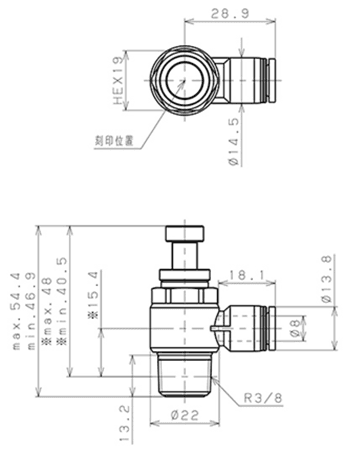 Bản vẽ kỹ thuật Van Tiết Lưu Khí Nén Cong 90° OD 8mm Ren Ngoài R3/8 Pisco JSC8-03A