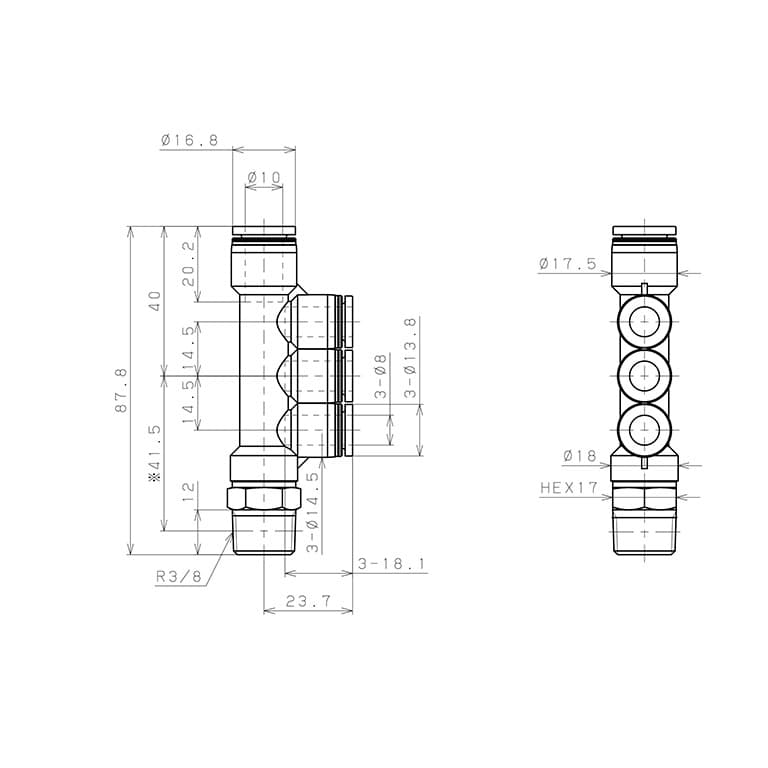 Bản vẽ kỹ thuật Đầu Nối Nhanh Khí Nén Dạng Chữ T Bốn Nhánh Ren Ngoài Pisco PKD10-8-03