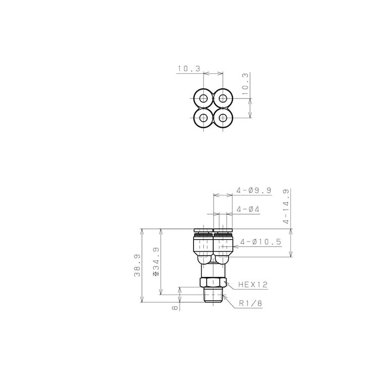 Bản vẽ kỹ thuật Đầu Nối Nhanh Khí Nén Dạng Chữ Y Bốn Nhánh Ren Ngoài Pisco PRX4-01