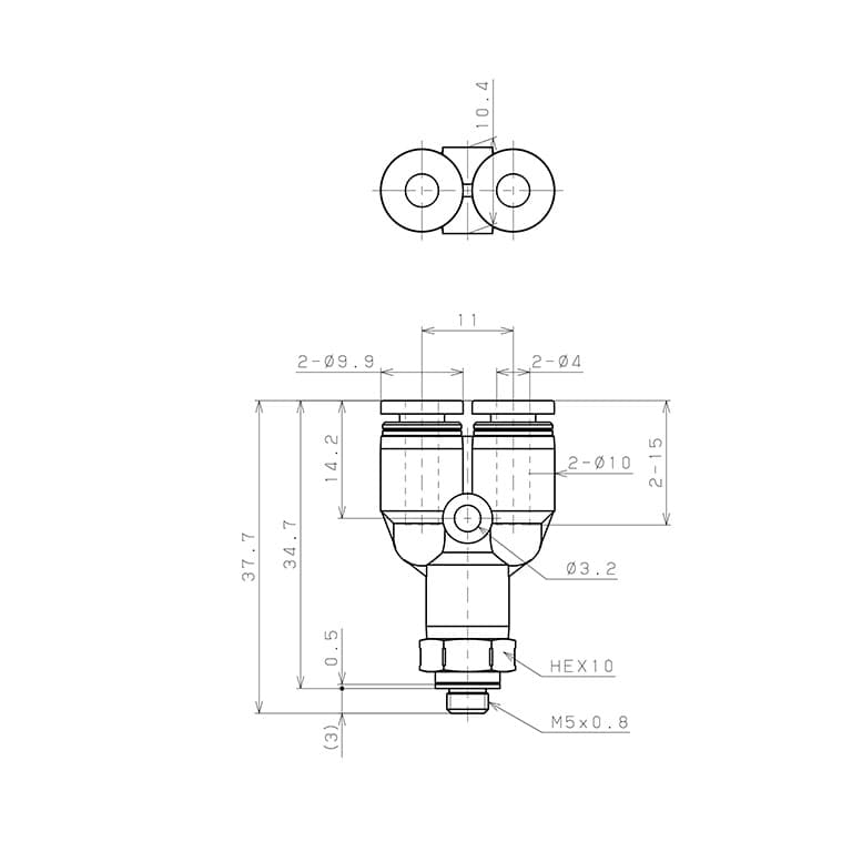 Bản vẽ kỹ thuật Đầu Nối Nhanh Khí Nén Dạng Chữ Y Ren Ngoài Pisco PX4-M5SUS